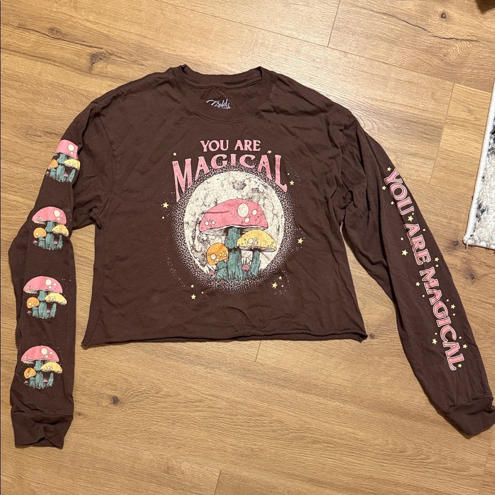 Gold Crush Brown Crop Top with Magical Mushroom Design